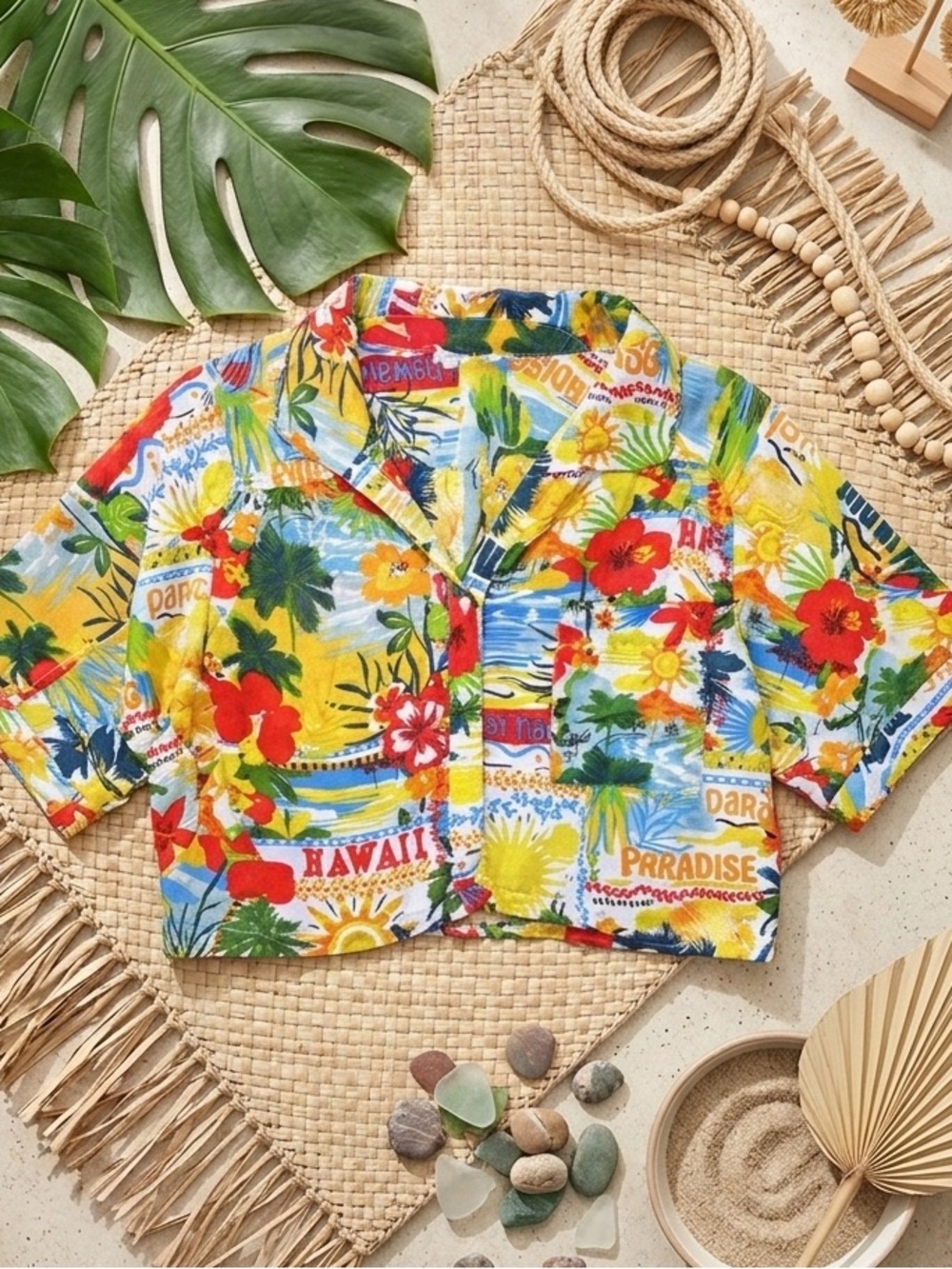 VIOLET SKY Womens Tropical Hawaii Print Crop Button Down Shirt Island Boho Style